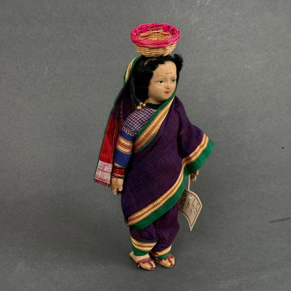 Vtg Indian Handmade Cloth Doll Woman in Traditional Dress Basket 11